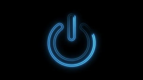 Animated power button icon glowing with blue neon light on black background Stock Footage 314539070
