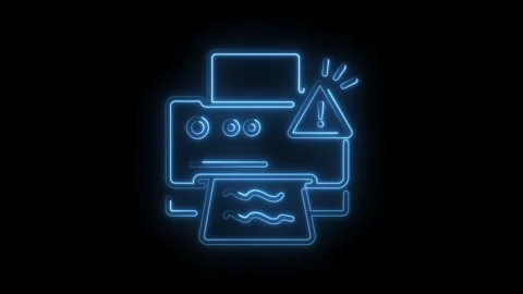 Animated printer with error message glowing neon light on black background Stock Footage 330776679