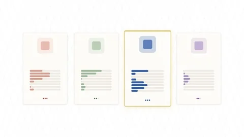 Animated product comparison interface highlighting mobile cards Video stock 334694709