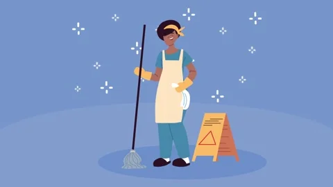 Animated professional cleaner with mop and wet floor sign illustration. Stock Footage 339113741