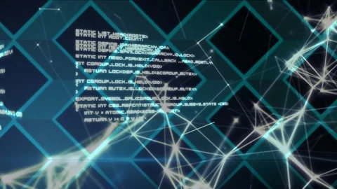 Animated programming code and network connections over geometric shapes on dark Stock Footage 304102196