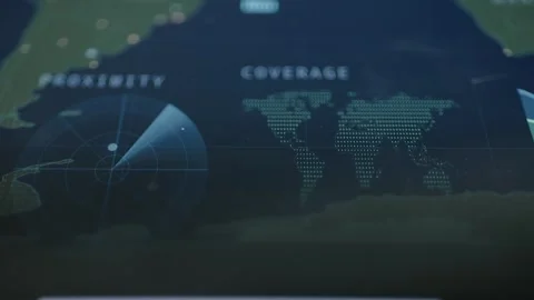 Animated proximity radar scans beside a dotted world coverage map Stock Footage 342486149