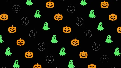 Animated pumpkin heads, ghost and bat silhouettes pattern on a black background Stock Footage 160108320