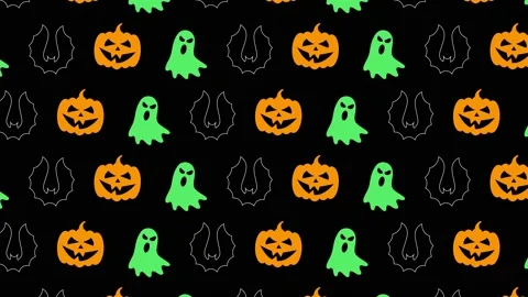Animated pumpkin heads, ghost and bat silhouettes pattern on a black background Stock Footage 161340844