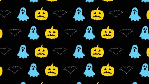 Animated pumpkin heads, ghost and bat silhouettes pattern on a black background Stock Footage 161340873