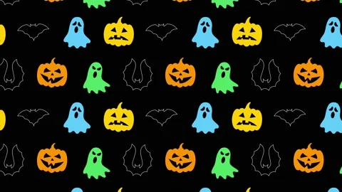 Animated pumpkin heads, ghost and bat silhouettes pattern on a black background Stock Footage 161340918