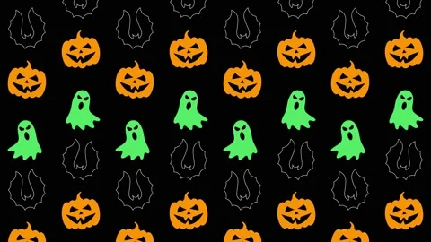 Animated pumpkin heads, ghost and bat silhouettes pattern on a black background Stock Footage 162323877