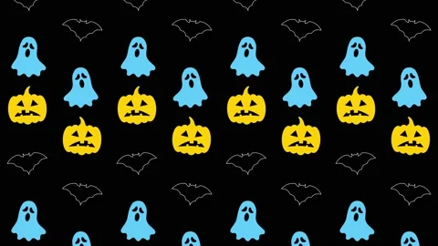Animated pumpkin heads, ghost and bat silhouettes pattern on a black background Stock Footage 162323887
