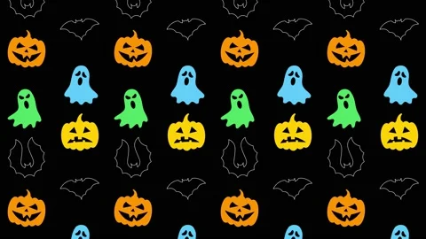 Animated pumpkin heads, ghost and bat silhouettes pattern on a black background Stock Footage 162323927