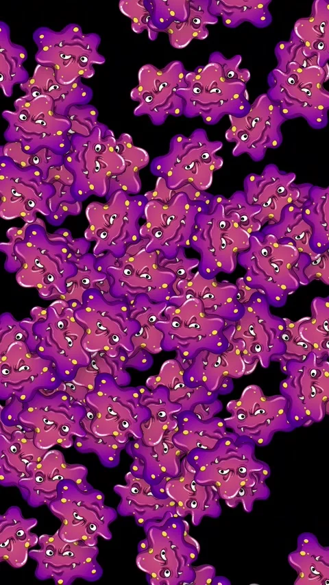 Animated Purple Cartoon Germs Falling Against a Black Background Stock Footage 341378806