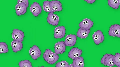 Animated Purple Cartoon Germs Falling Over a Solid Green Background Stock Footage 342314029