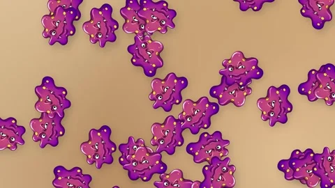 Animated Purple Cartoon Germs Falling Over a Tan Mesh Background Stock Footage 343698874