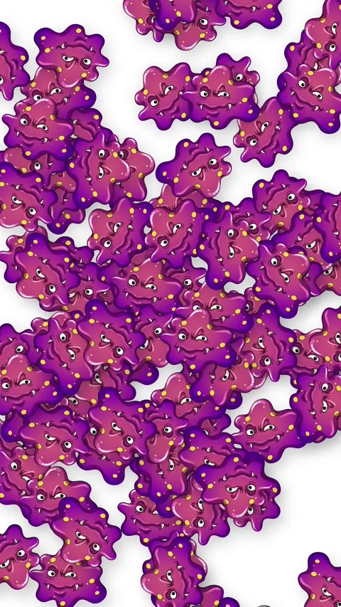 Animated Purple Cartoon Germs Falling Down Against a White Background Stock Footage 346114978