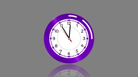 Animated Purple Clock Counting Down to Twelve O'Clock on Grey Background Stock Footage 339364279