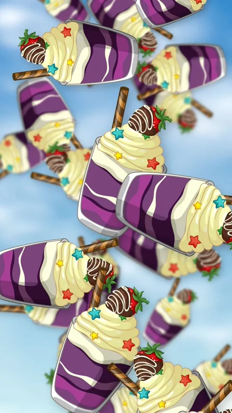 Animated Purple Dessert Cups Falling Against a Blue Sky Background Stock Footage 344843501