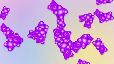 Animated Purple Gummy Bears Falling Over Pastel Gradient Mesh Background Stock Footage 345705002