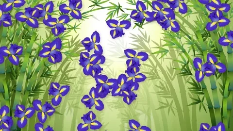 Animated Purple Iris Flowers Falling Through Green Bamboo Forest Background Stock-Footage 341066852