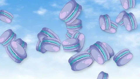 Animated Purple Macarons Falling Against a Bright Blue Sky Background Stock Footage 345314436