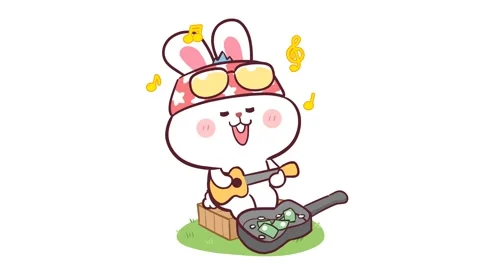 Animated Rabbit Playing Guitar Busking - White Background Stock Footage 282786189