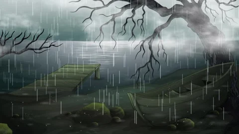 Animated Rain Falling on Dark Lake Shore with Old Boat and Pier 库存影片 344842919