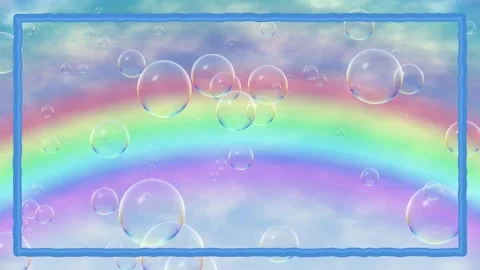 Animated Rainbow and Floating Soap Bubbles in Blue Sky Background Stock Footage 346372601