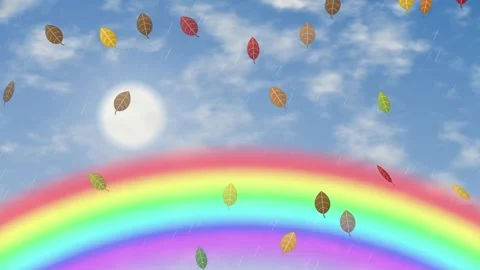 Animated Rainbow with Falling Autumn Leaves and Rainy Sky Background Stock Footage 345208953