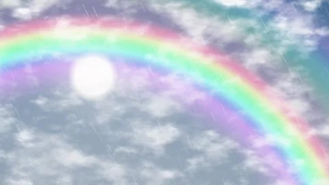 Animated Rainbow Over Cloudy Sky with Gentle Rain Falling Stock Footage 345208972