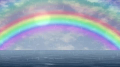 Animated Rainbow Over Ocean with Rain and Soft Sunlight Loop Stock Footage 344845529