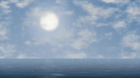 Animated Rainy Day Sky with Sun Over Calm Ocean Water Stock Footage 344622274