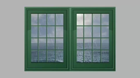 Animated Rainy Day View Through Green Window Frame Overlooking Ocean Stock Footage 344931971