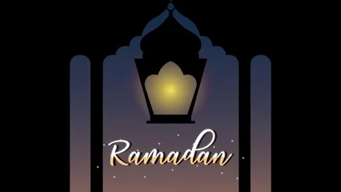 Animated Ramadan lantern glows against a dusky sky with stars and text motion Stock Footage 339259249