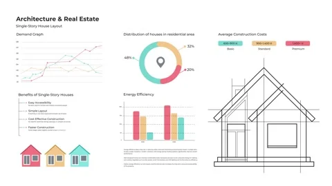 Animated real estate infographic interface with architectural graphs and Stock Footage 307287930