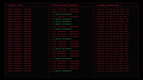 Animated Red Alert Security Dashboard with Exploit Logs and Packet Inspection Stock Footage 339156584