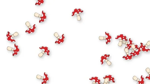 Animated Red and White Spotted Mushrooms Floating on White Background Stock Footage 344842669
