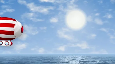 Animated Red and White Striped Blimp Flying Over Ocean Stock Footage 343830625
