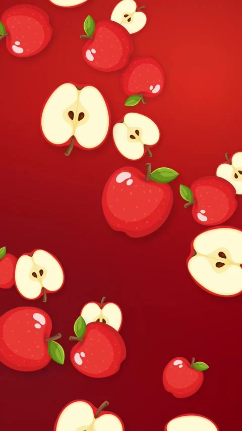 Animated Red Apples and Slices Falling on Red Gradient Background Stock Footage 345125180