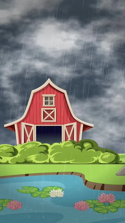 Animated Red Barn in Rain with Pond and Lily Pads Stock Footage 341461708