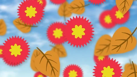 Animated Red Flowers and Brown Autumn Leaves Falling Against Blue Sky Stock Footage 344231079