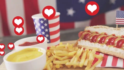Animated red hearts appearing from left and rising over American meal, Stock Footage 333494673