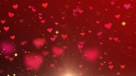 Animated red hearts floating upward with glowing golden particles against dark Stock Footage 342119546