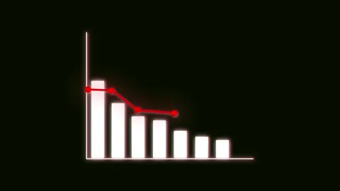 Animated red line graph showing falling trend over bar chart on black digit.. Stock Footage 321450842
