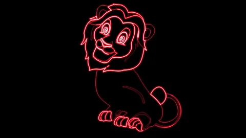 Animated Red Neon Outline of a Cute Cartoon Lion Character Flickering on a .. Stock Footage 319002905
