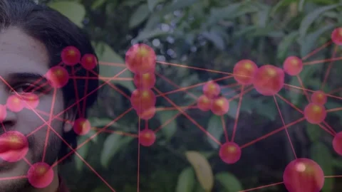 Animated red node network shifting right to reveal man turning head and smiling Stock Footage 333774657