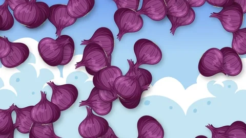 Animated Red Onions Falling Against a Blue Sky with Clouds Stock Footage 339515878