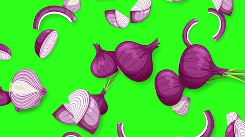 Animated Red Onions Falling Against a Vibrant Green Screen Background Stock Footage 342209486