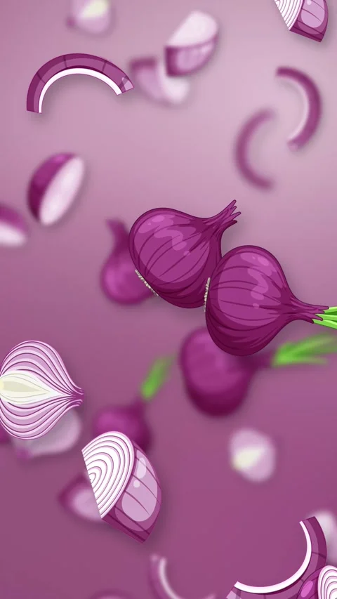 Animated Red Onions Falling Against a Purple Gradient Background Stock Footage 342467835