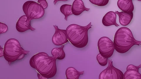 Animated Red Onions Falling Over a Purple Gradient Mesh Background Stock Footage 342211048