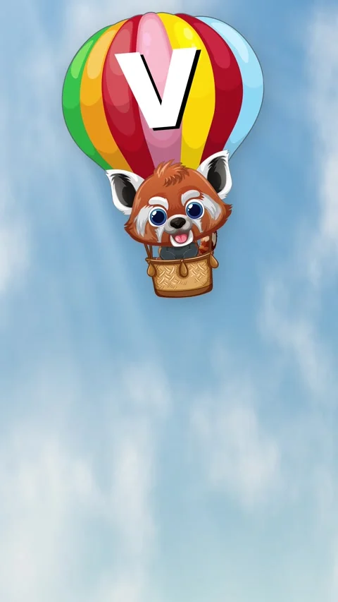 Animated Red Panda Character Falling in Hot Air Balloon Against Sky Stock Footage 342314416