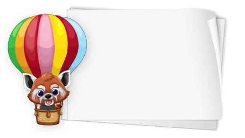 Animated Red Panda in Hot Air Balloon with Blank White Banner Stock Footage 341842346