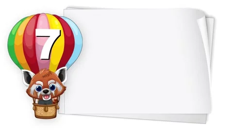 Animated Red Panda in Hot Air Balloon with Number Seven and Paper Stock Footage 341906972